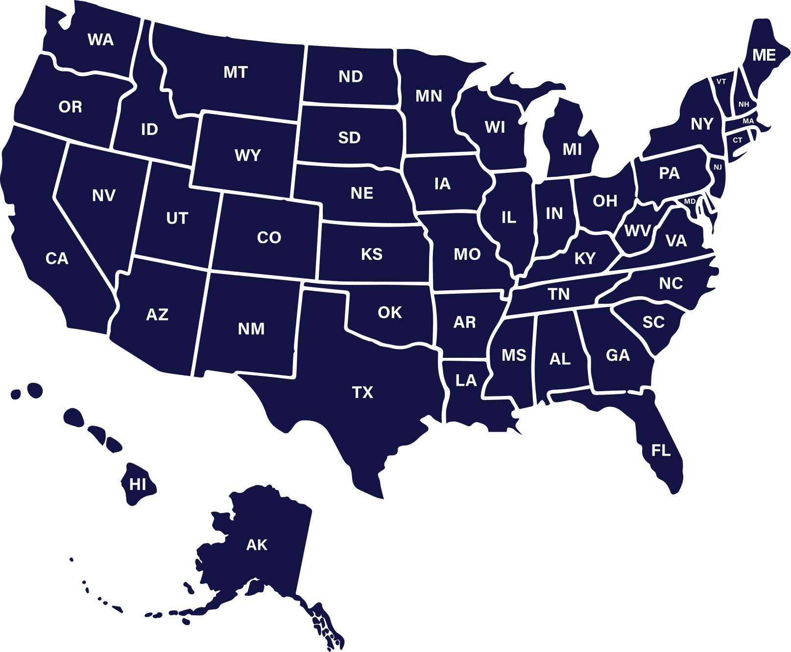 Graphic map of the United States in purple with two-letter state names